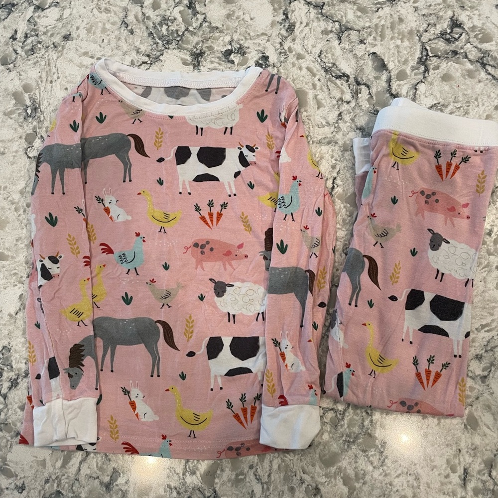 Little Sleepies 2T Two Piece Long Sleeve and Pants Pink Farm Animal Pajamas